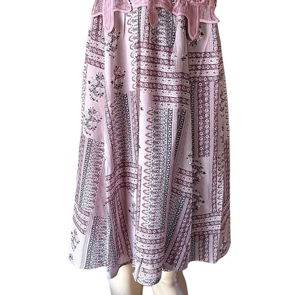 Modern Owl Mauve Pink/purple boho crochet spaghetti strap printed midi dress - Picture 7 of 13